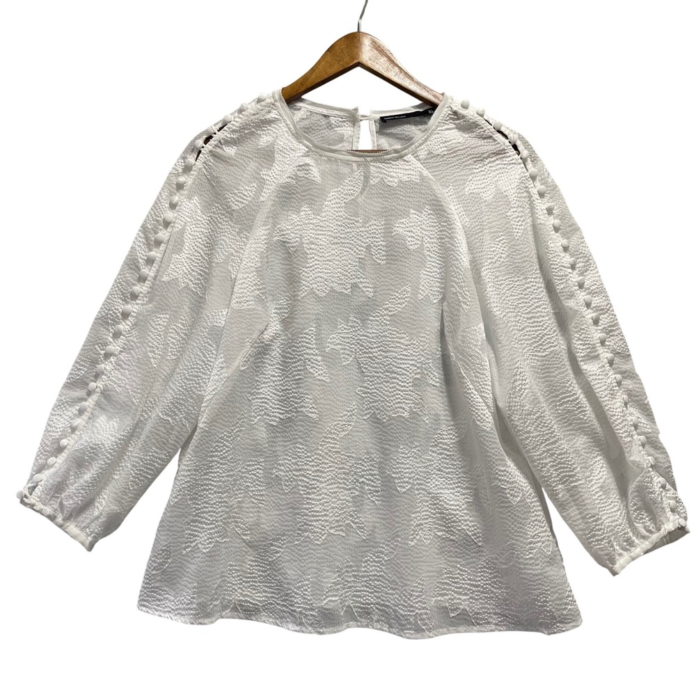 Karen Millen Blouse Womens 10 White Floral Jacquard Button Shoulder Romantic